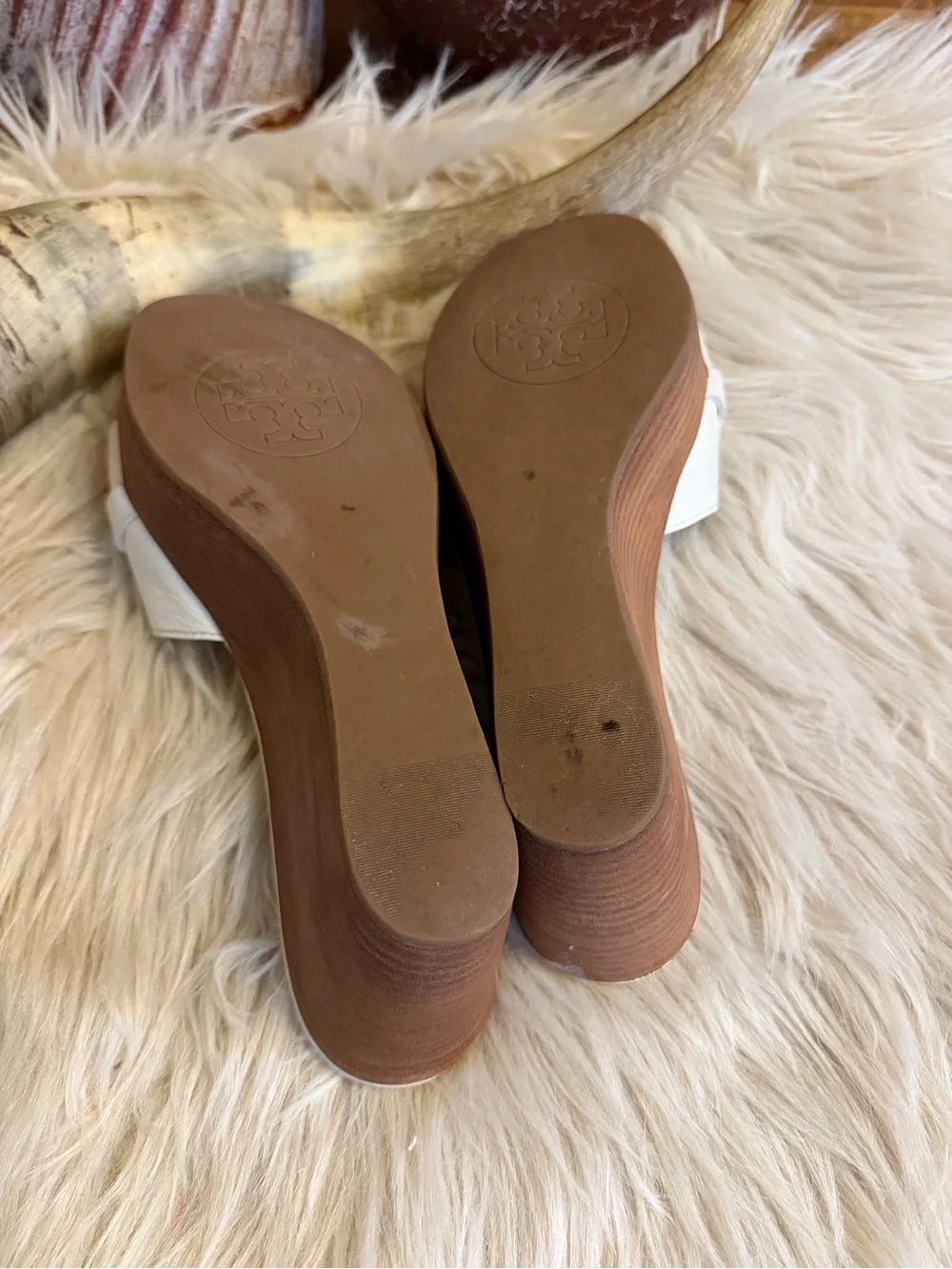 Tory Burch White Selma Leather Double T Logo Wedge Slide Sandals 7.5 M
